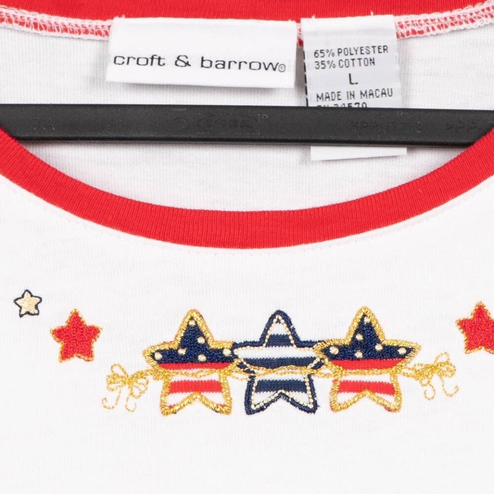 Y2K Patriotic TShirt L 90s Striped Red White Stars Embroidered July 4th USA - Picture 4 of 5